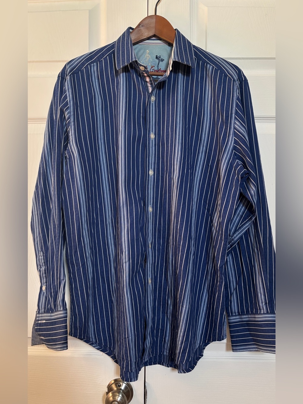 Robert Graham Blue Stripe Shirt Men L Flip Cuff Silk Trim Old Money